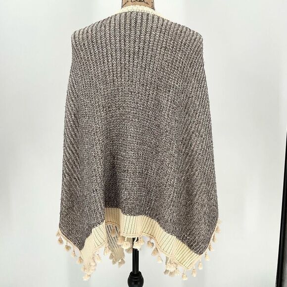 Roffe Pommed Hem Knit Kimono Wrap Cardigan Sweater Cream Grey Women One Size - Picture 3 of 7